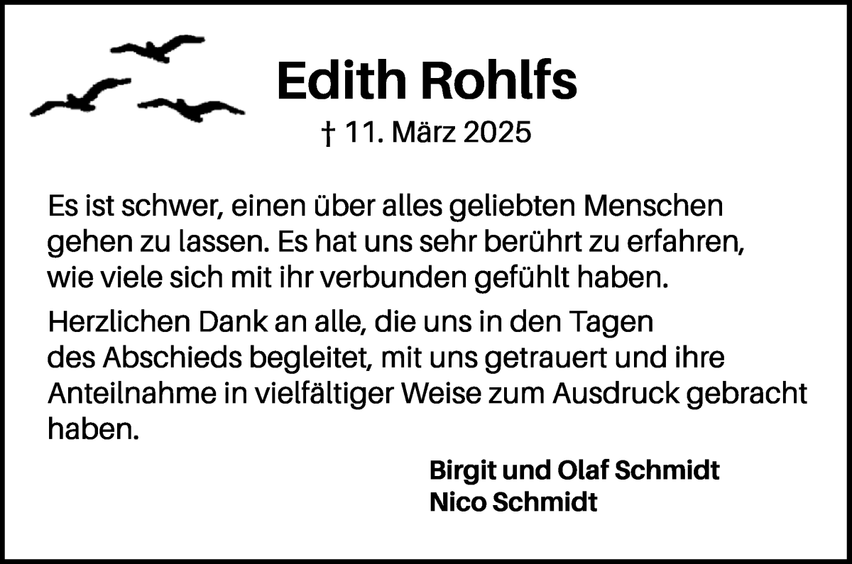 Traueranzeige von Edith Rohlfs von WESER-KURIER