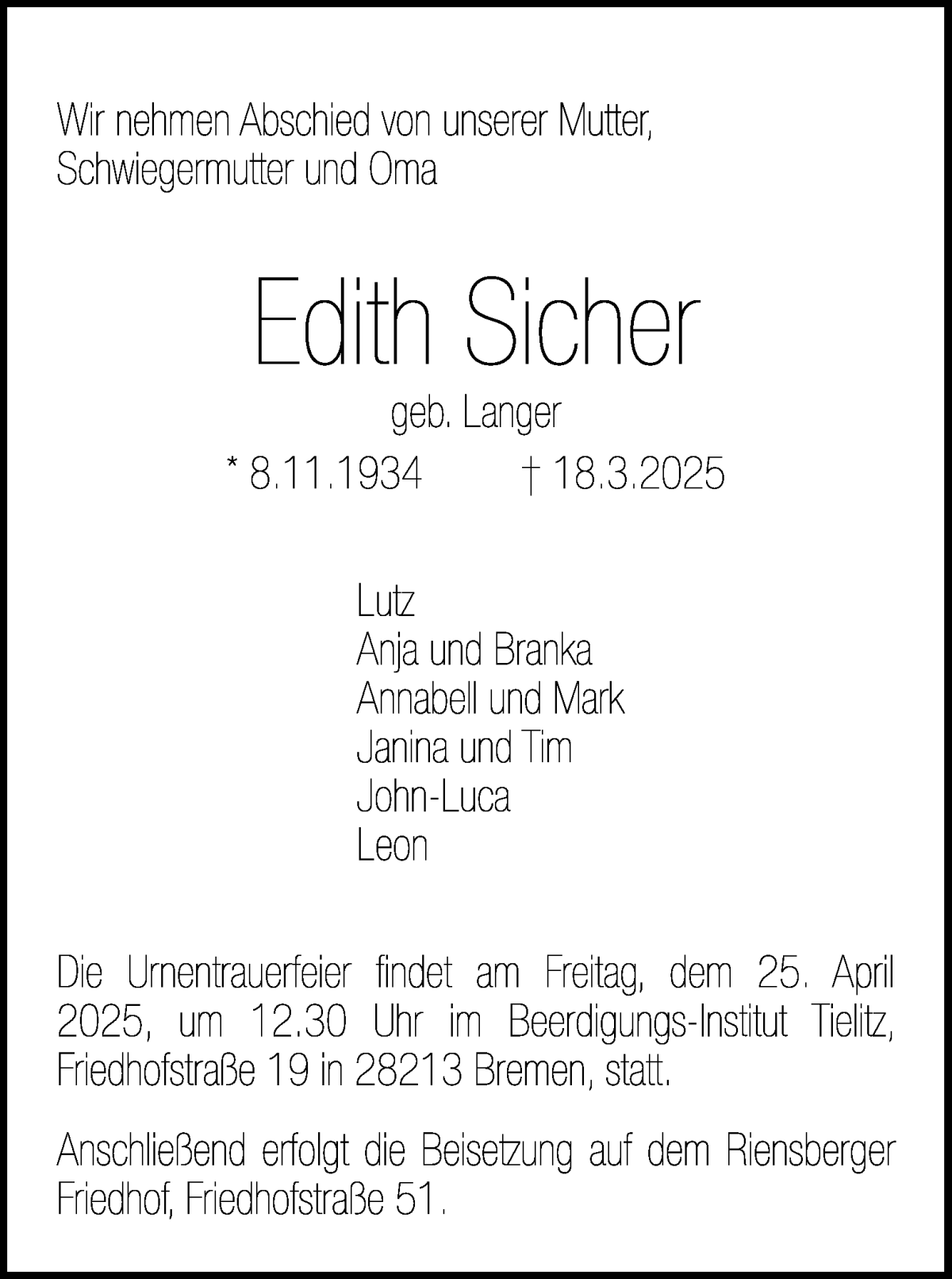Traueranzeige von Edith Sicher von WESER-KURIER