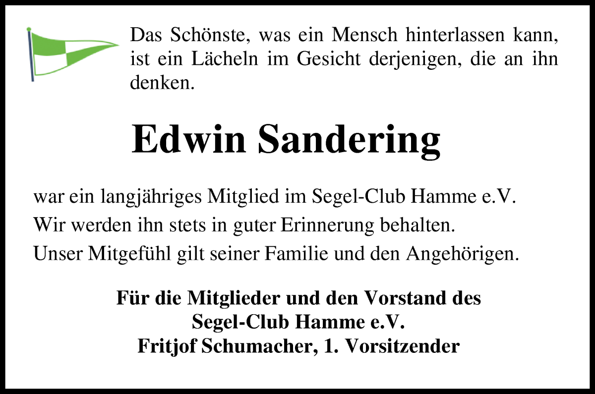 Traueranzeige von Edwin Sandering von Osterholzer Kreisblatt