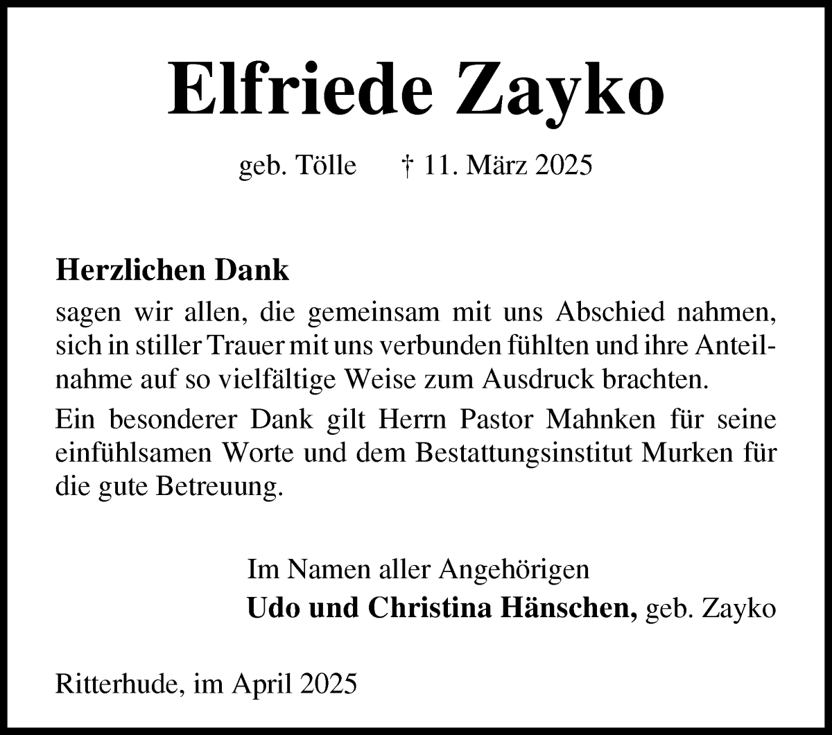 Traueranzeige von Elfriede Zayko von Osterholzer Kreisblatt