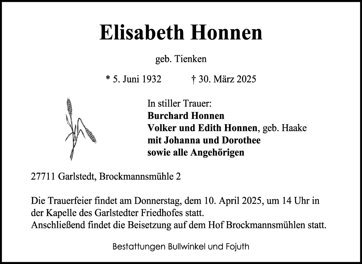 Traueranzeige von Elisabeth Honnen von Osterholzer Kreisblatt