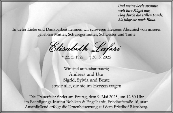 Traueranzeige von Elisabeth Laferi von WESER-KURIER