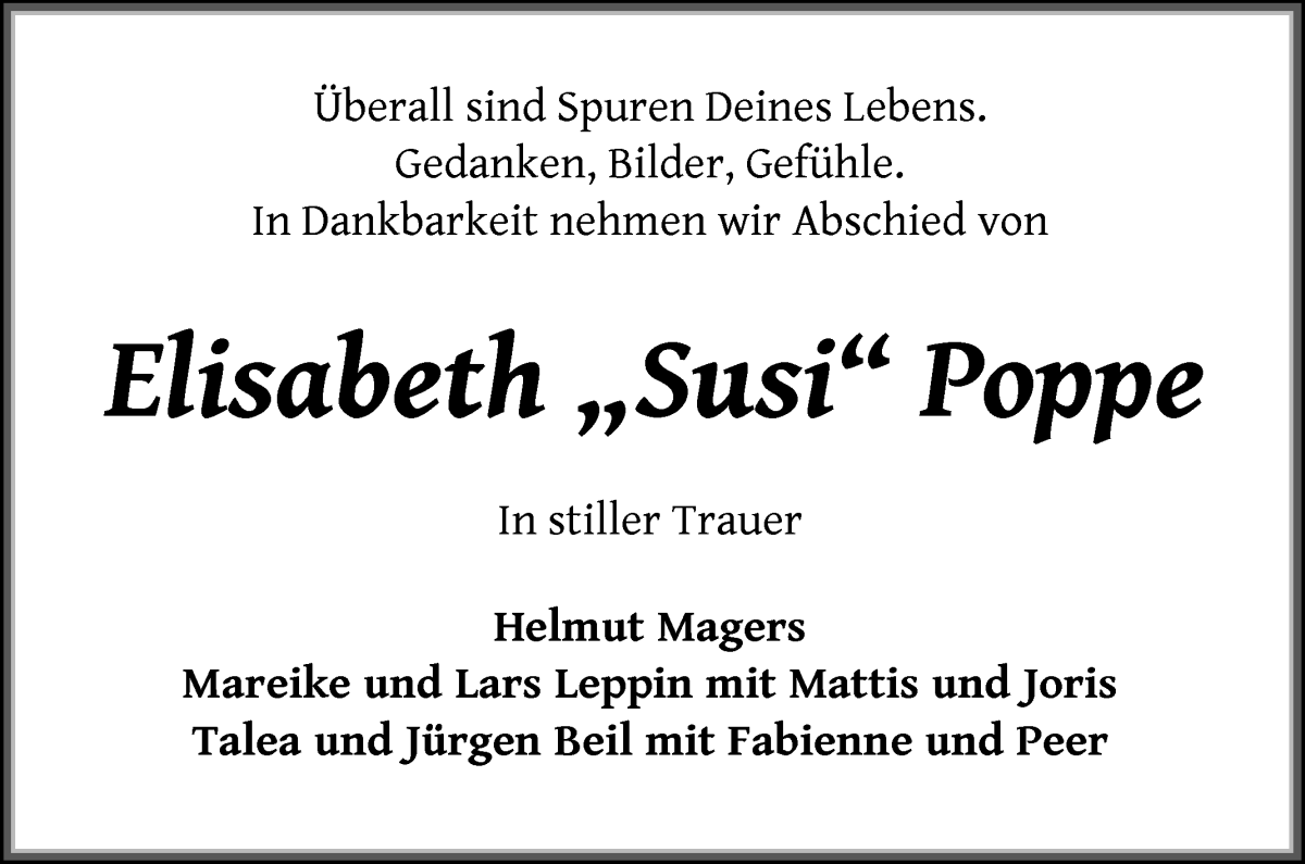 Traueranzeige von Elisabeth Poppe von WESER-KURIER