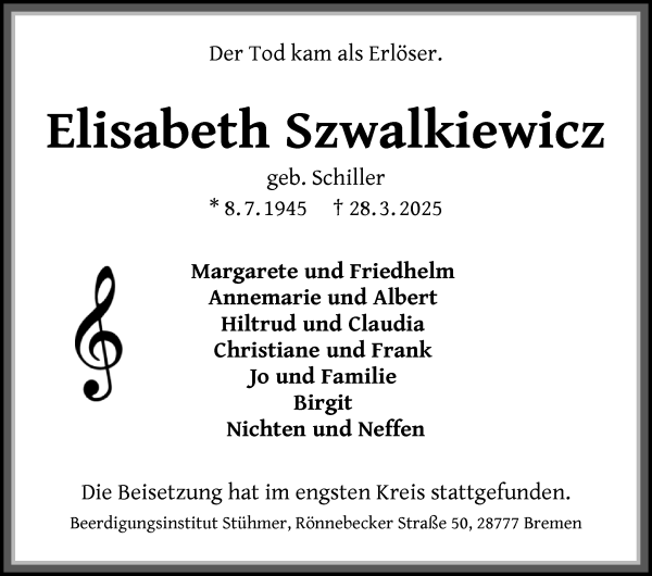 Traueranzeige von Elisabeth Szwalkiewicz von Die Norddeutsche