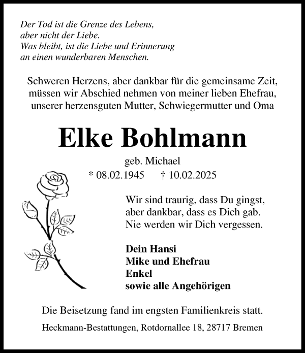 Traueranzeige von Elke Bohlmann von Die Norddeutsche