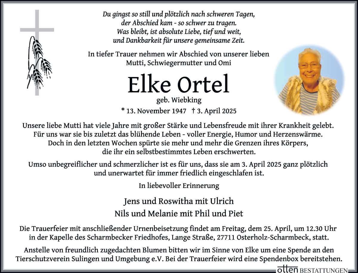 Traueranzeige von Elke Ortel von Osterholzer Kreisblatt