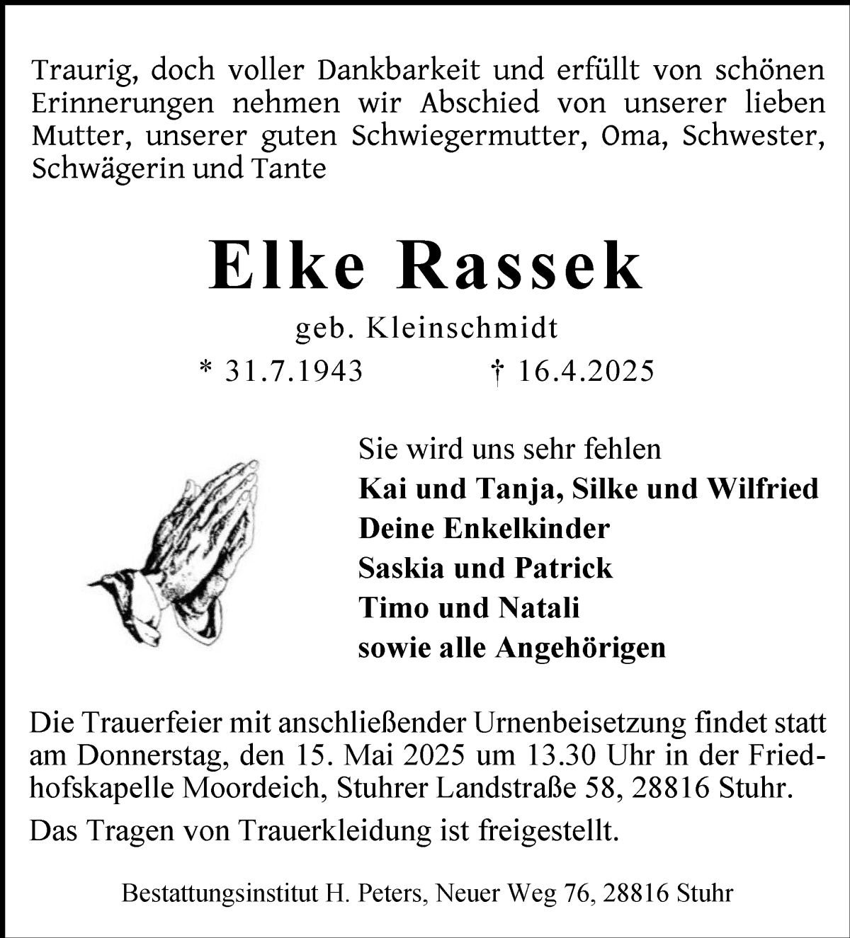 Traueranzeige von Elke Rassek von WESER-KURIER