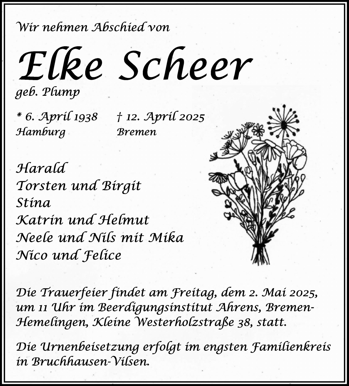 Traueranzeige von Elke Scheer von WESER-KURIER