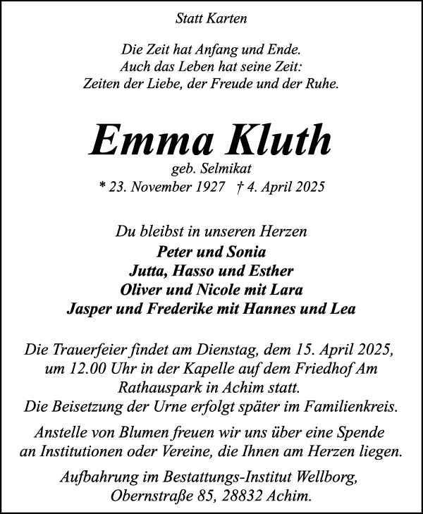 Traueranzeige von Emma Kluth von Achimer Kurier/Verdener Nachrichten