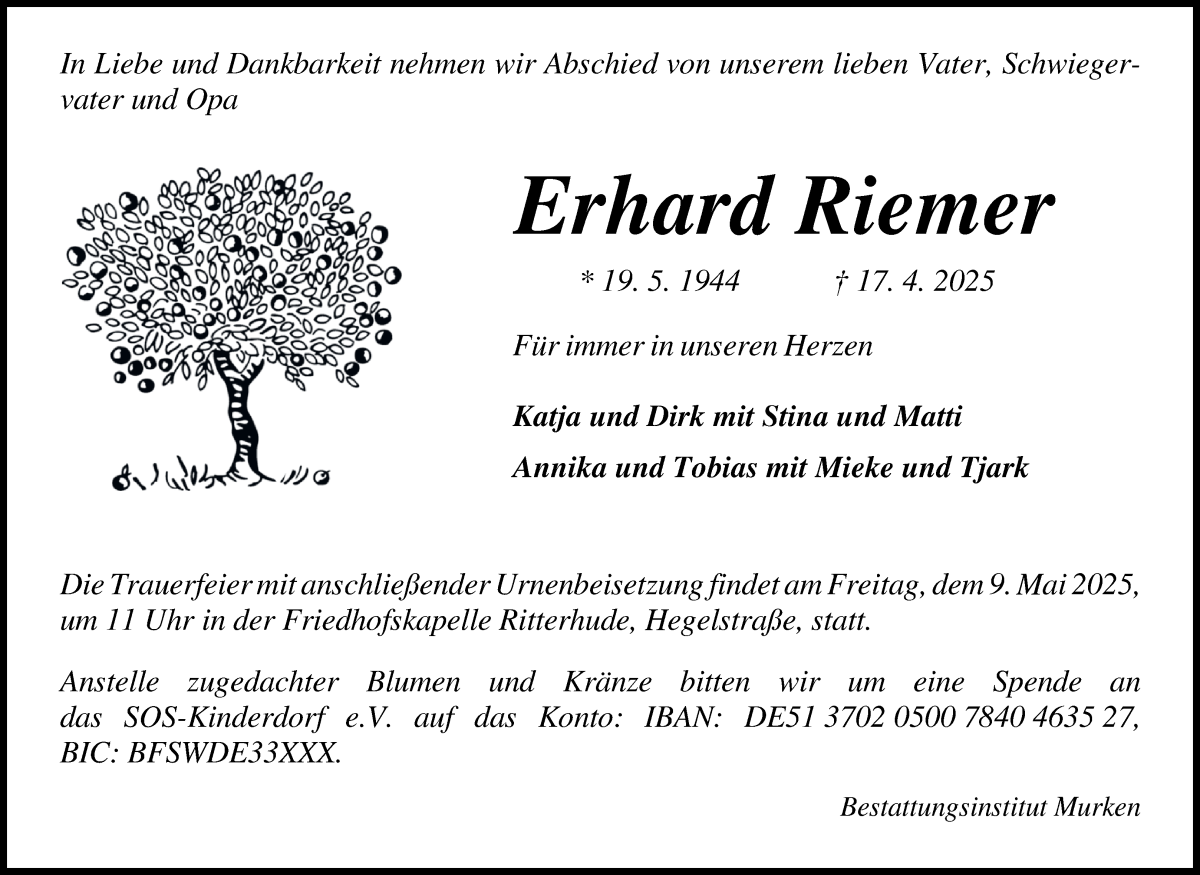 Traueranzeige von Erhard Riemer von Osterholzer Kreisblatt