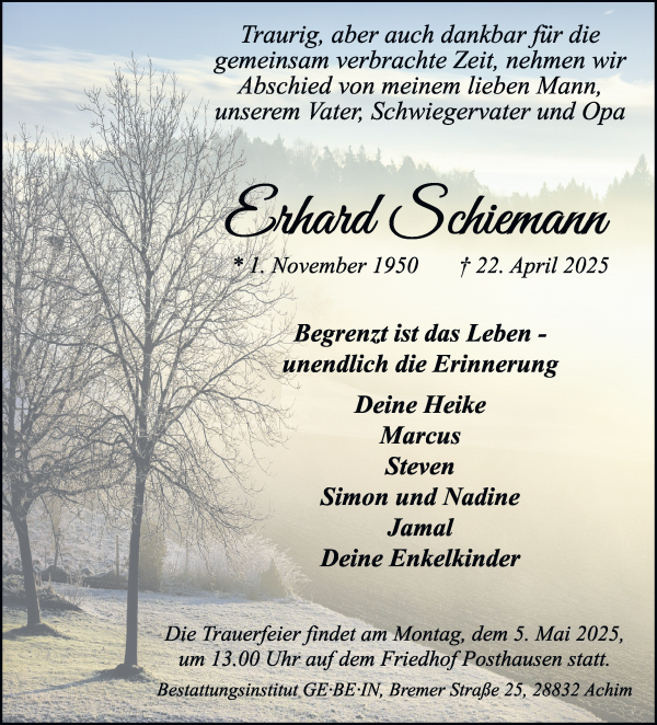 Traueranzeige von Erhard Schiemann von WESER-KURIER