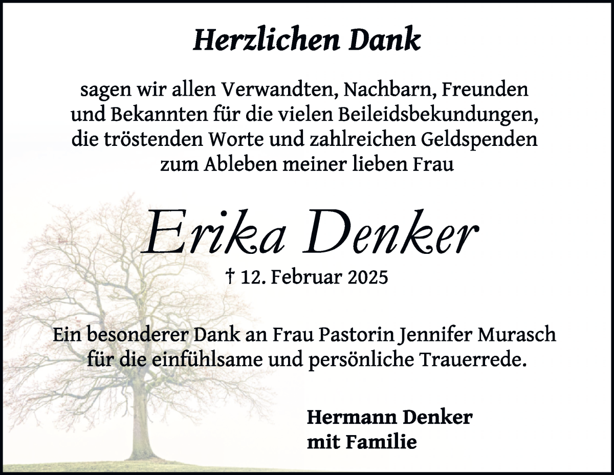 Traueranzeige von Erika Denker von Die Norddeutsche