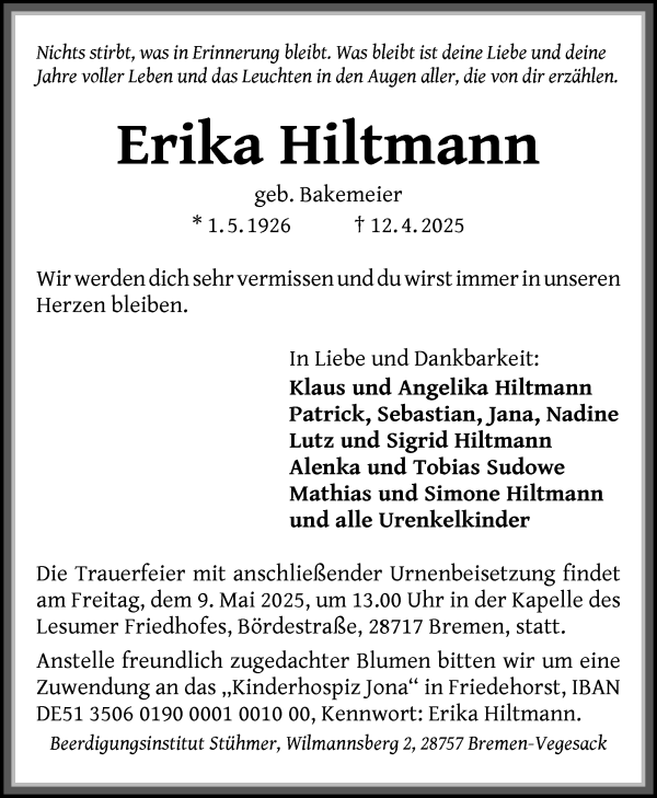 Traueranzeige von Erika Hitlmann von Die Norddeutsche