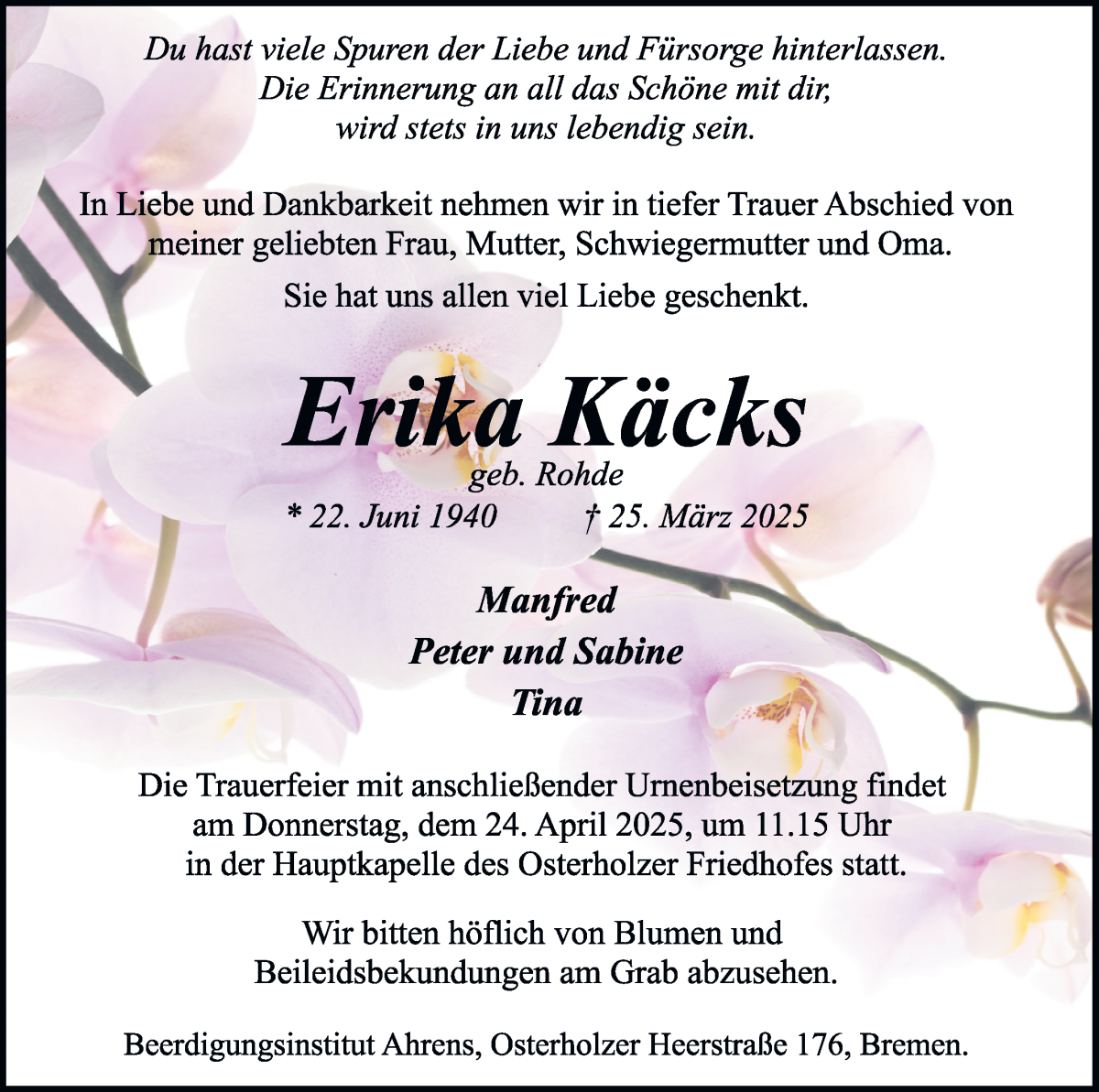 Traueranzeige von Erika Käcks von WESER-KURIER