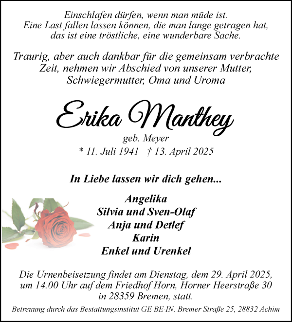 Traueranzeige von Erika Manthey von WESER-KURIER
