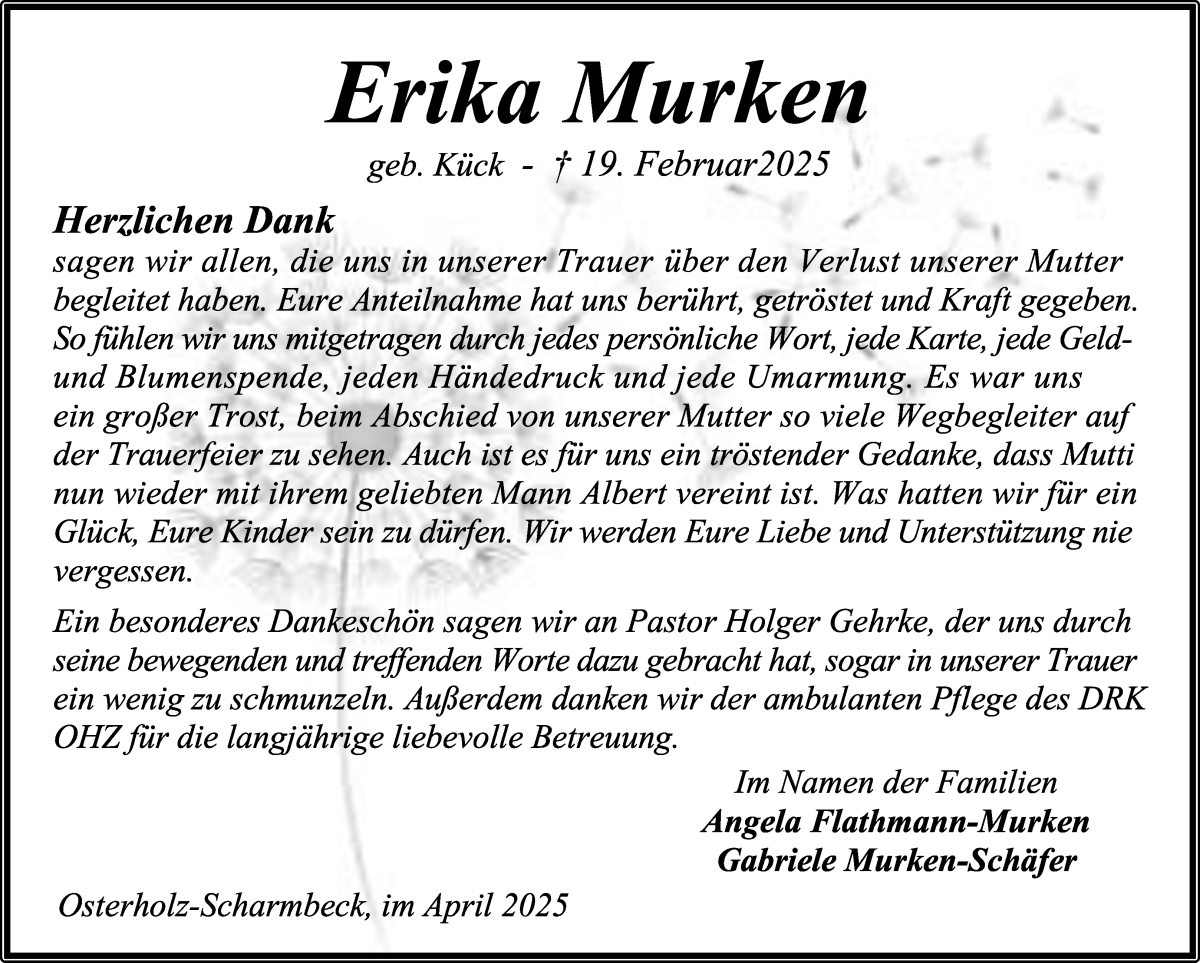 Traueranzeige von Erika Murken von Osterholzer Kreisblatt