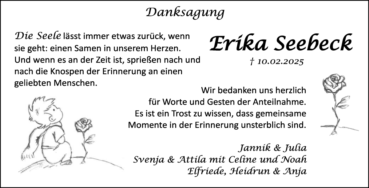 Traueranzeige von Erika Seebeck von Die Norddeutsche
