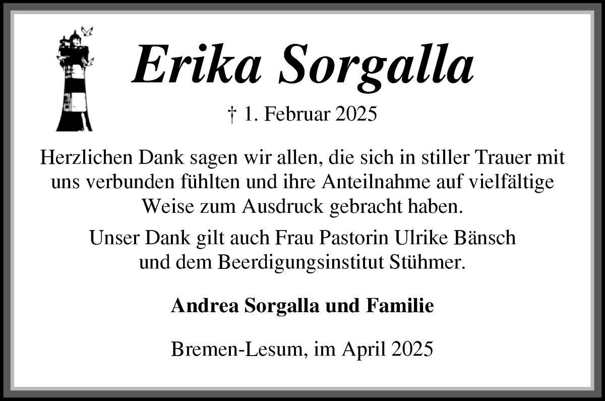 Traueranzeige von Erika Sorgalla von Die Norddeutsche