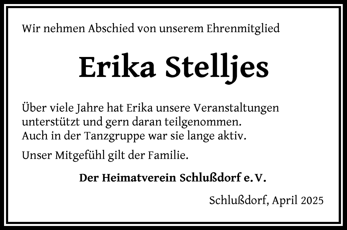 Traueranzeige von Erika Stelljes von Wuemme Zeitung