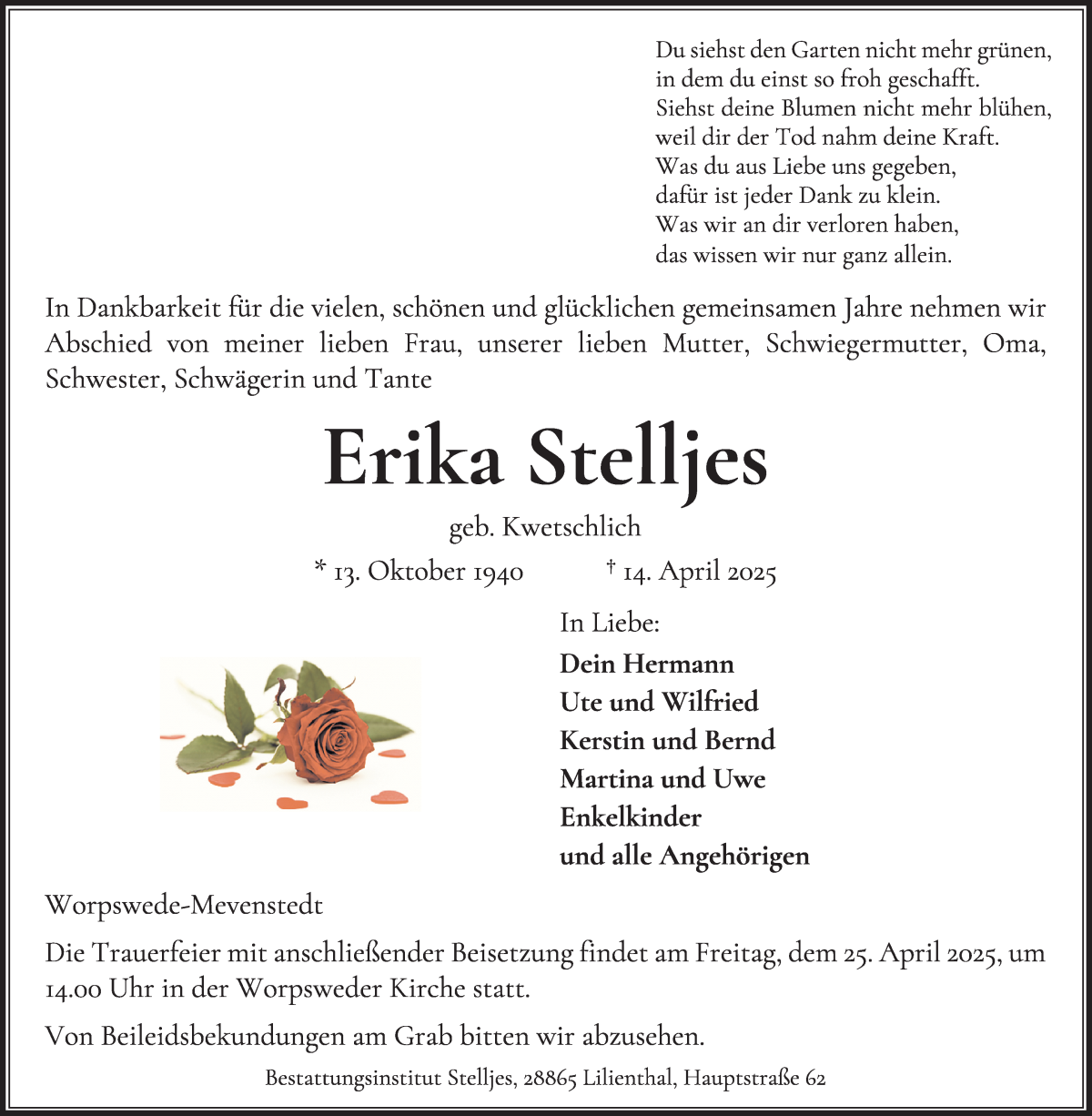 Traueranzeige von Erika Stelljes von Wuemme Zeitung