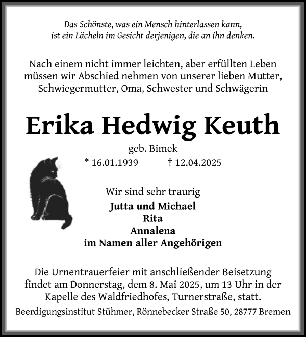 Traueranzeige von Erika Hedwig Keuth von Die Norddeutsche