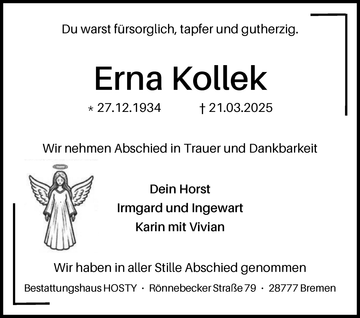 Traueranzeige von Erna Kollek von Die Norddeutsche