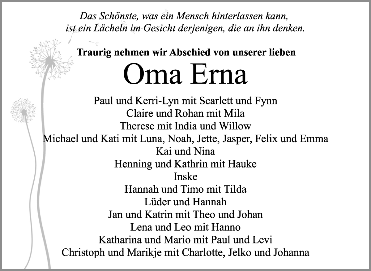 Traueranzeige von Erna Vagt von Osterholzer Kreisblatt