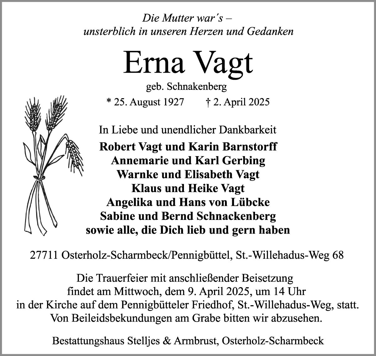 Traueranzeige von Erna Vagt von Osterholzer Kreisblatt