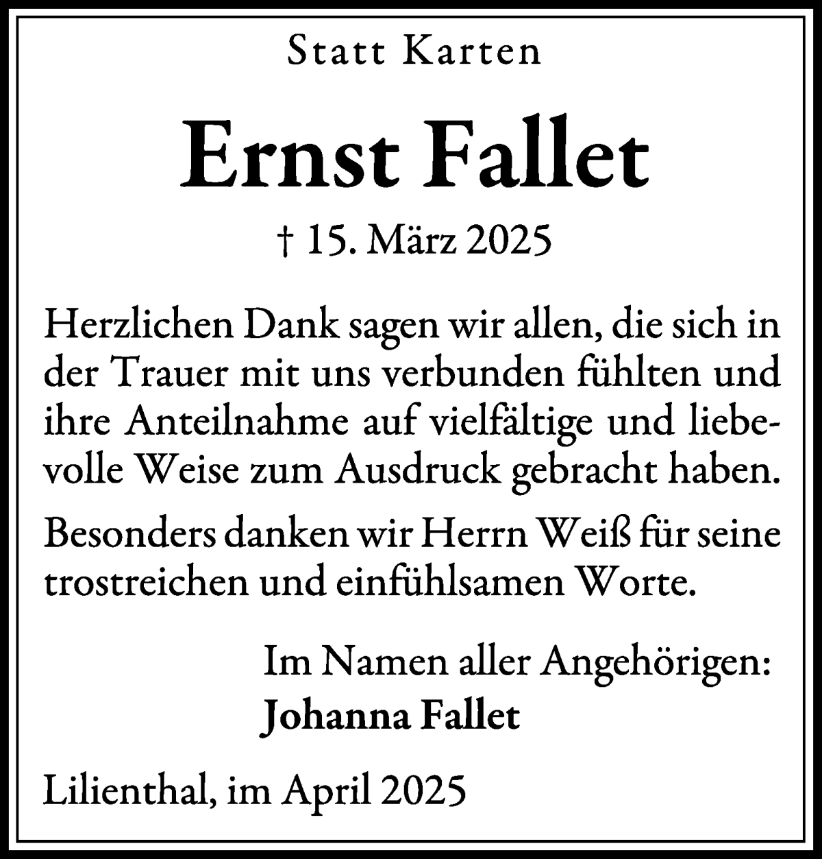 Traueranzeige von Ernst Fallet von Wuemme Zeitung