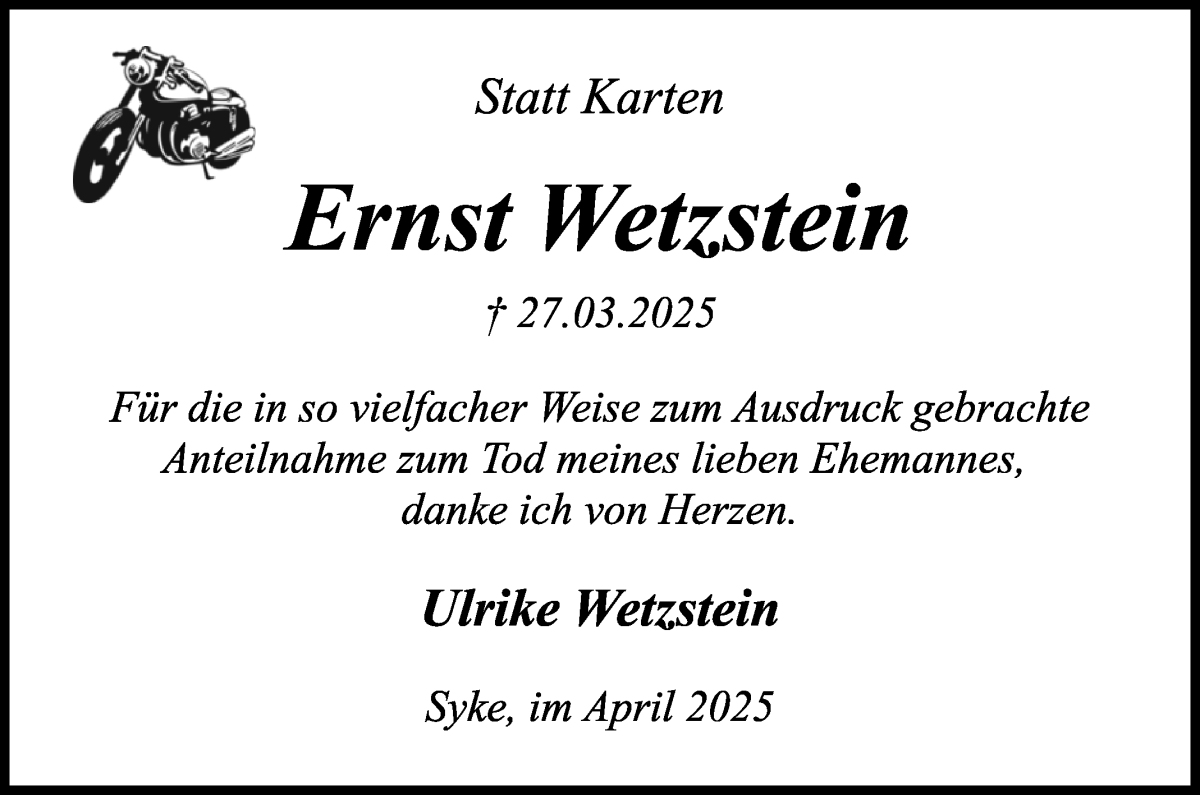Traueranzeige von Ernst Wetzstein von WESER-KURIER