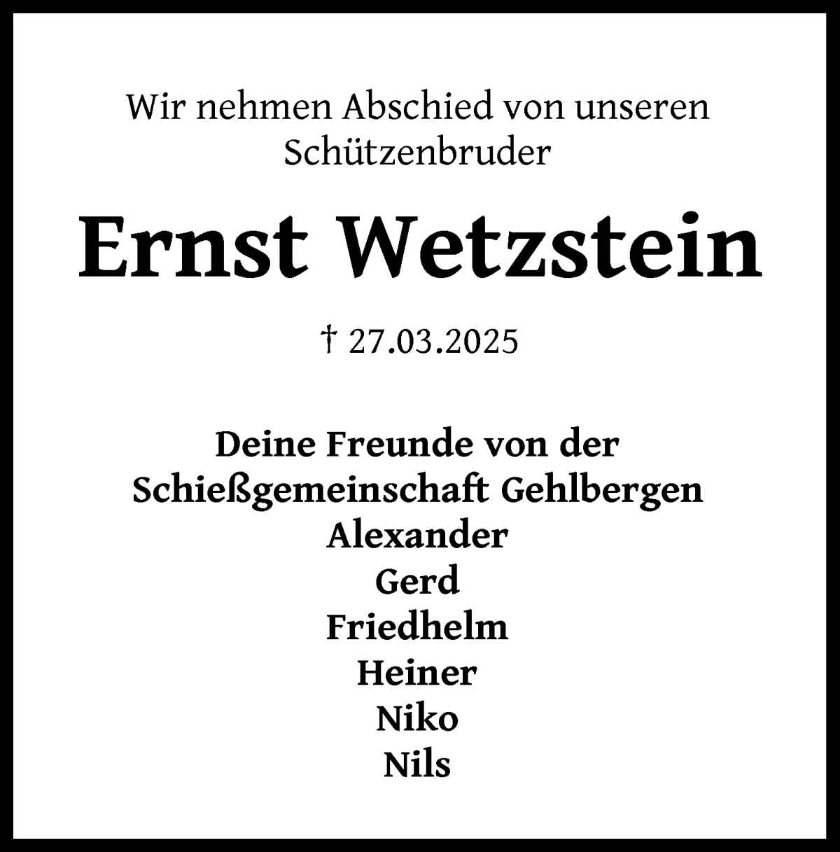 Traueranzeige von Ernst Wetzstein von WESER-KURIER