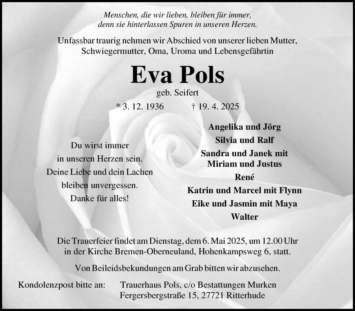 Traueranzeige von Eva Pols von WESER-KURIER
