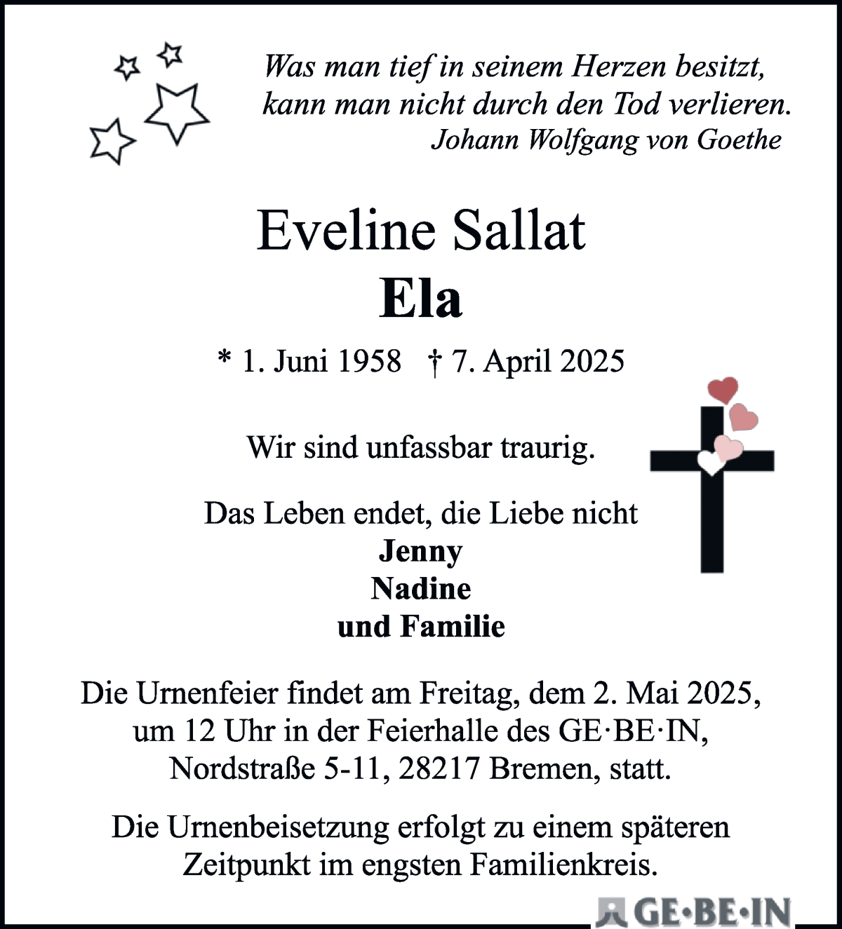 Traueranzeige von Eveline Ela Sallat von WESER-KURIER