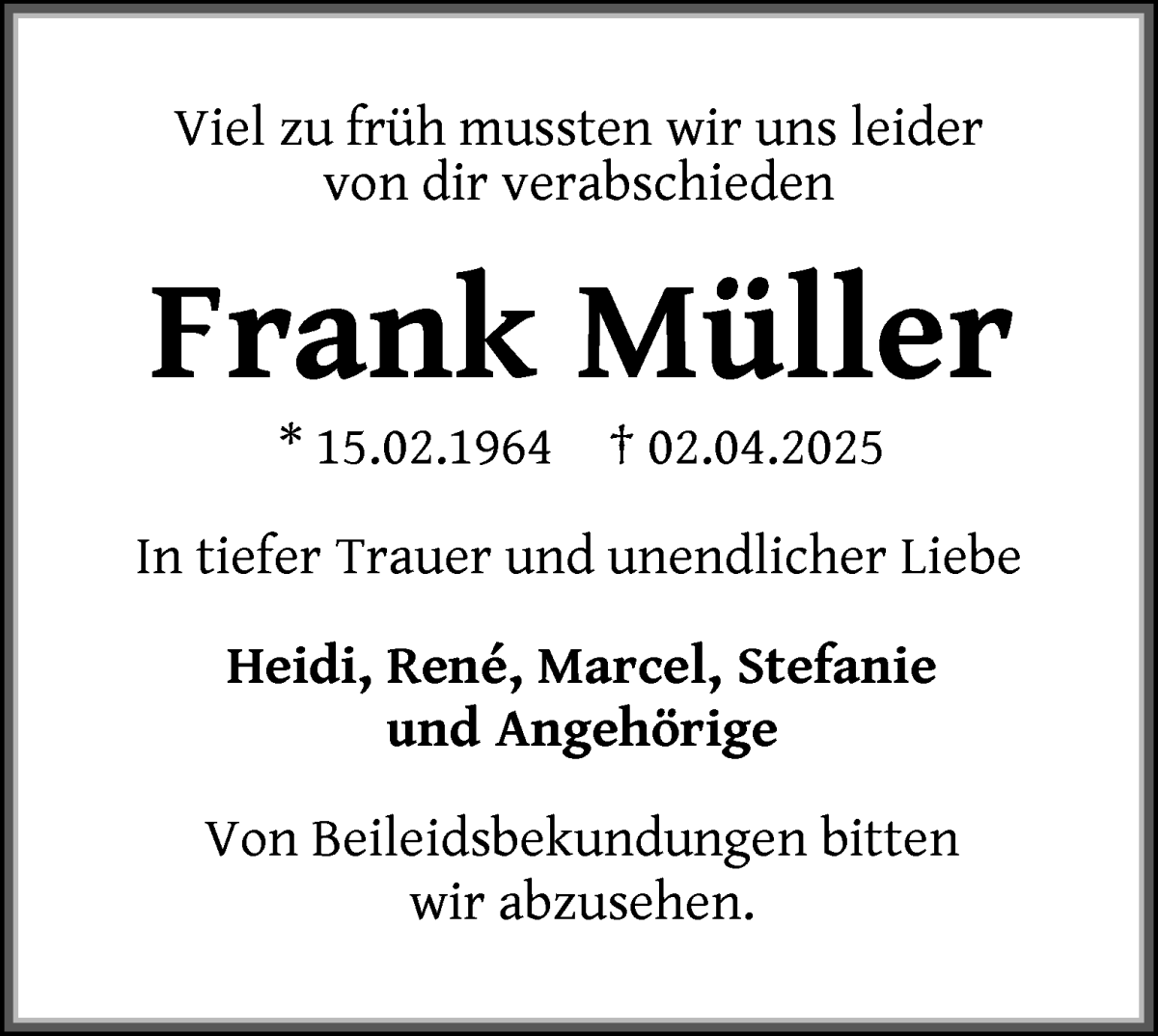 Traueranzeige von Frank Müller von WESER-KURIER