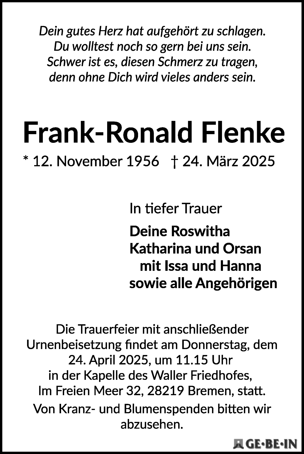 Traueranzeige von Frank-Ronald Flenke von WESER-KURIER