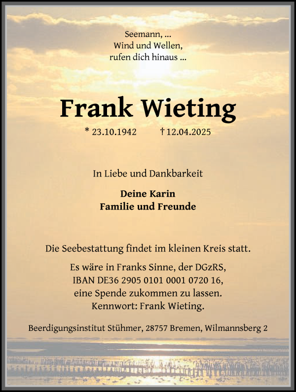 Traueranzeige von Frank Wieting von WESER-KURIER