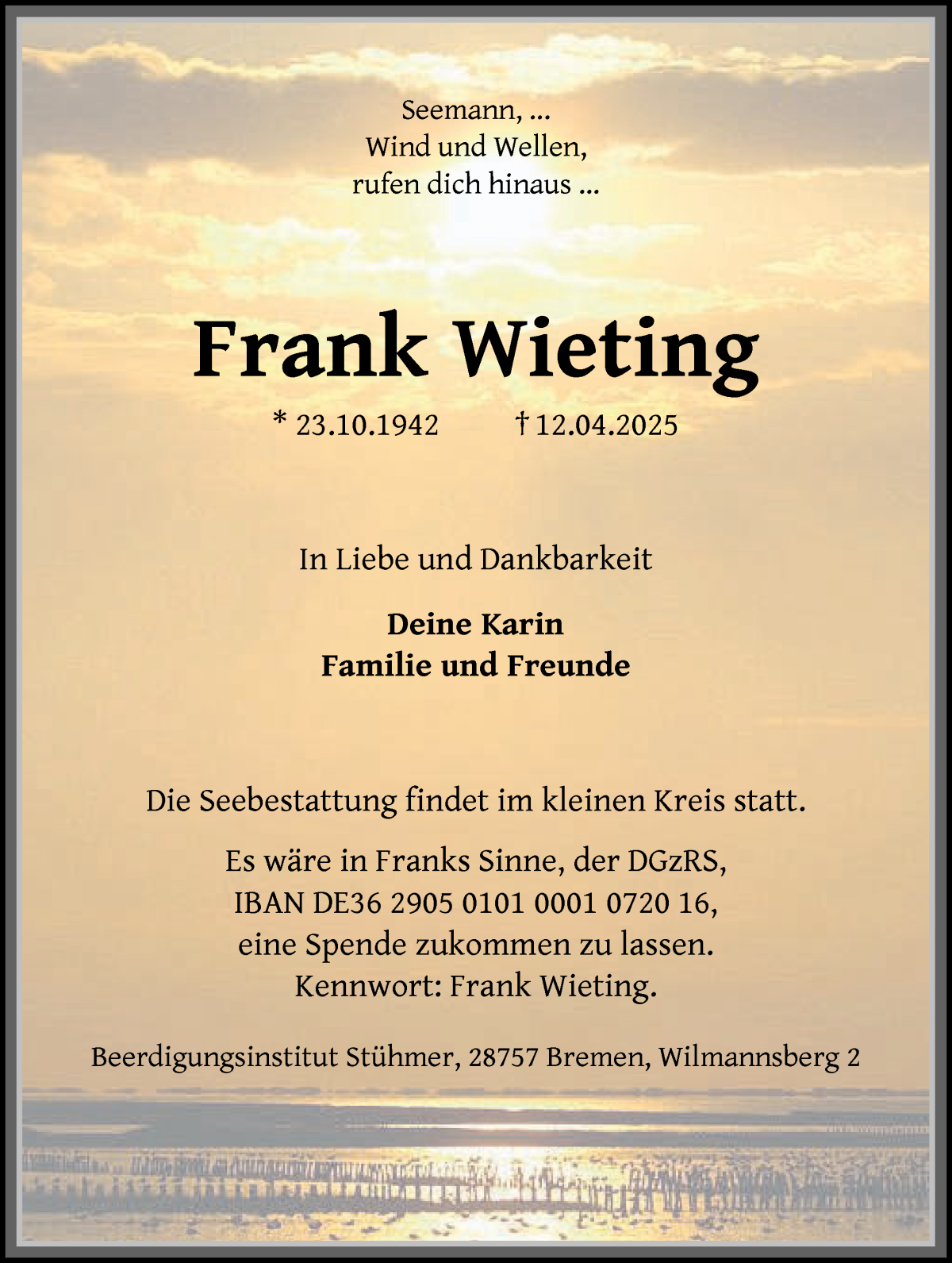 Traueranzeige von Frank Wieting von WESER-KURIER