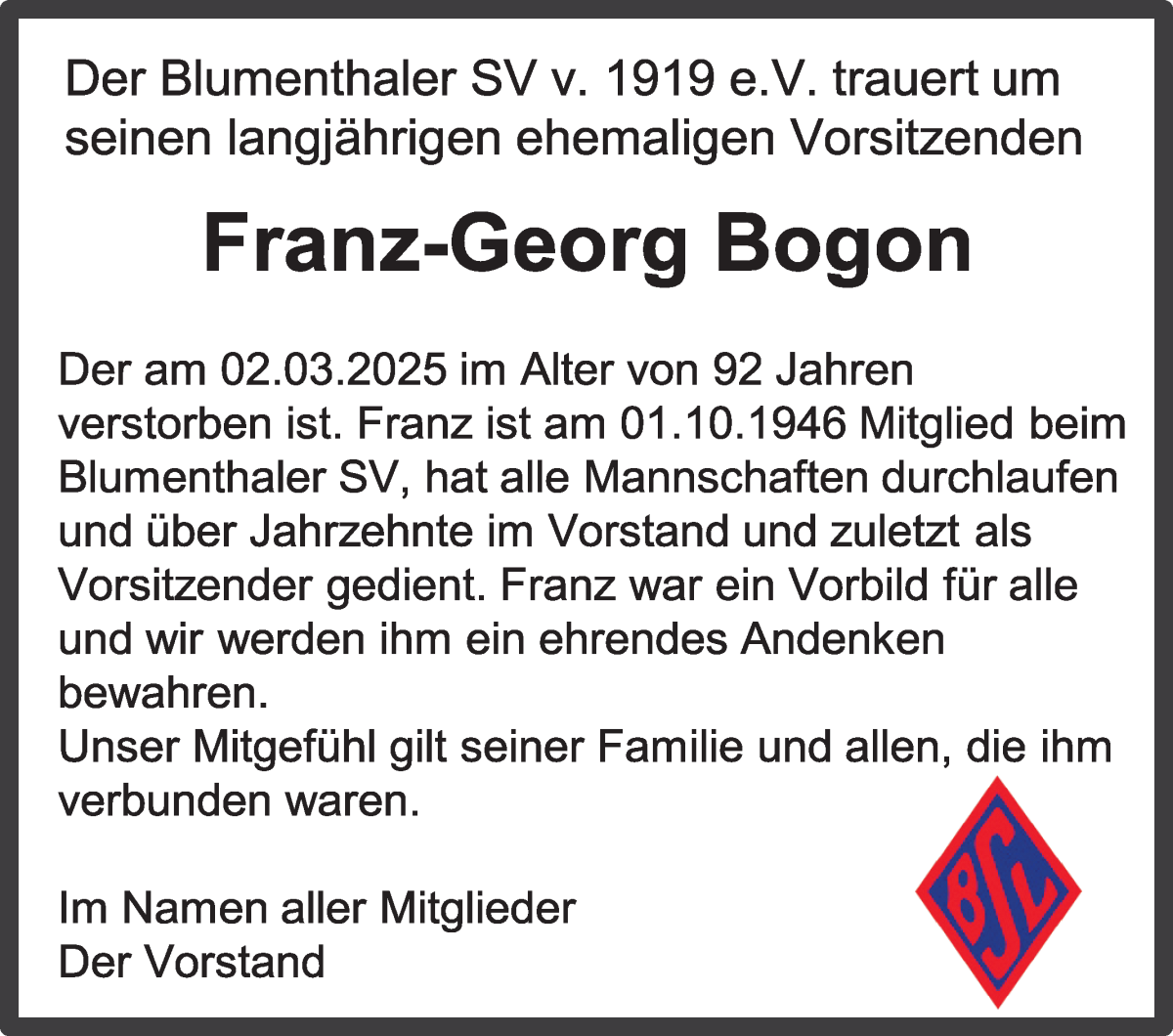 Traueranzeige von Franz-Georg Bogen von Die Norddeutsche