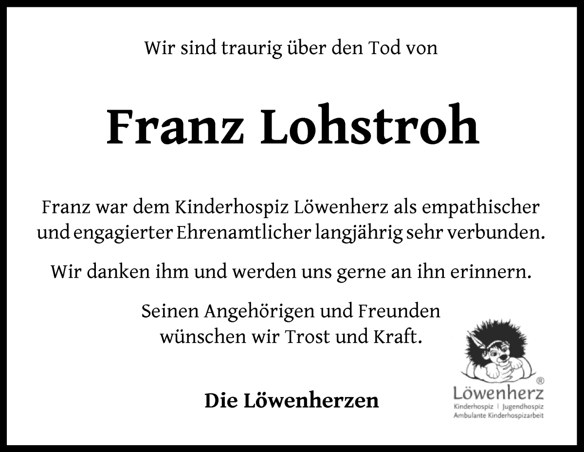 Traueranzeige von Franz Lohstroh von WESER-KURIER