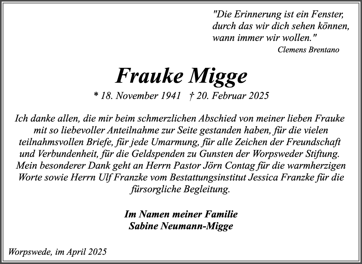 Traueranzeige von Frauke Migge von Wuemme Zeitung