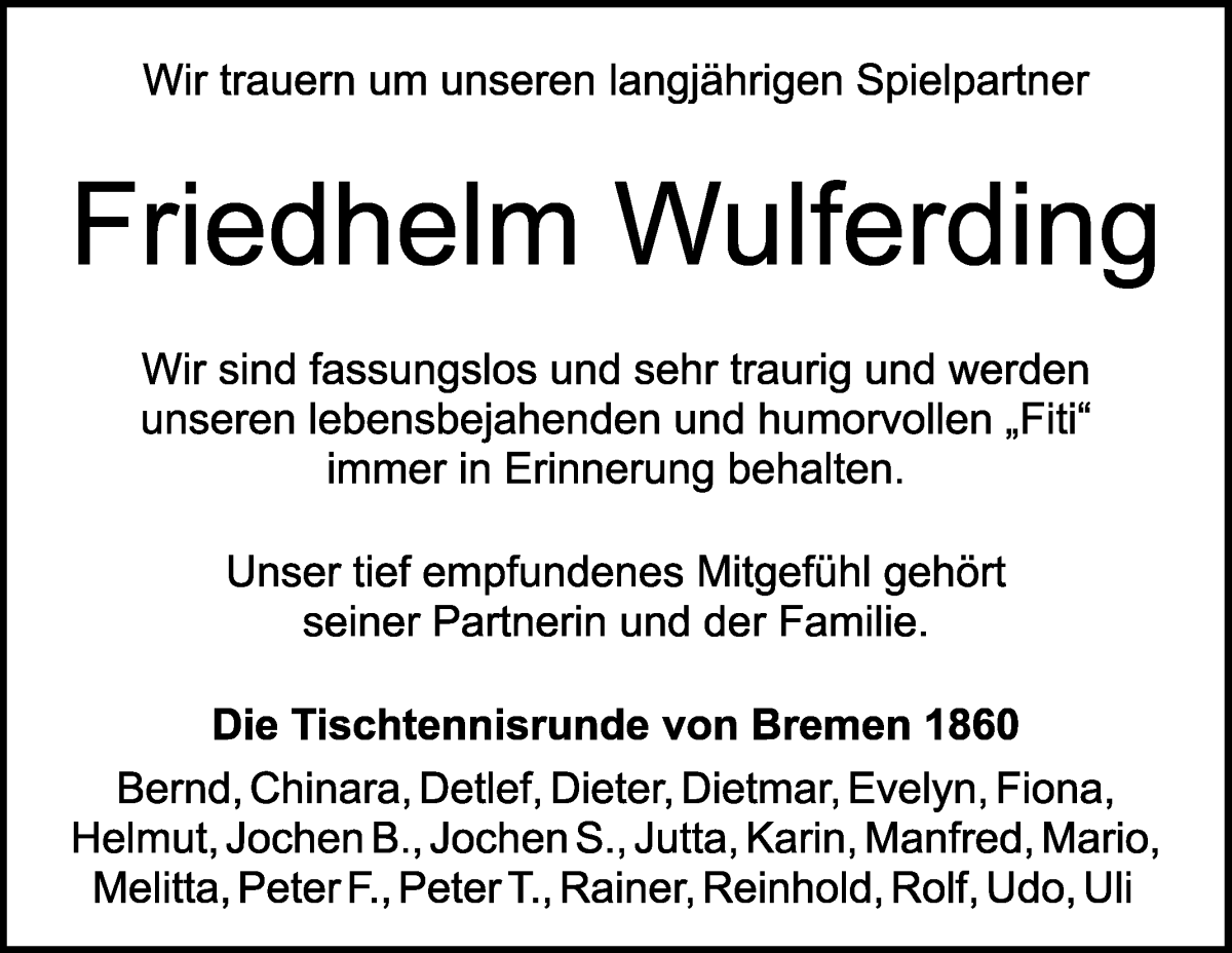 Traueranzeige von Friedhelm Wulferding von WESER-KURIER
