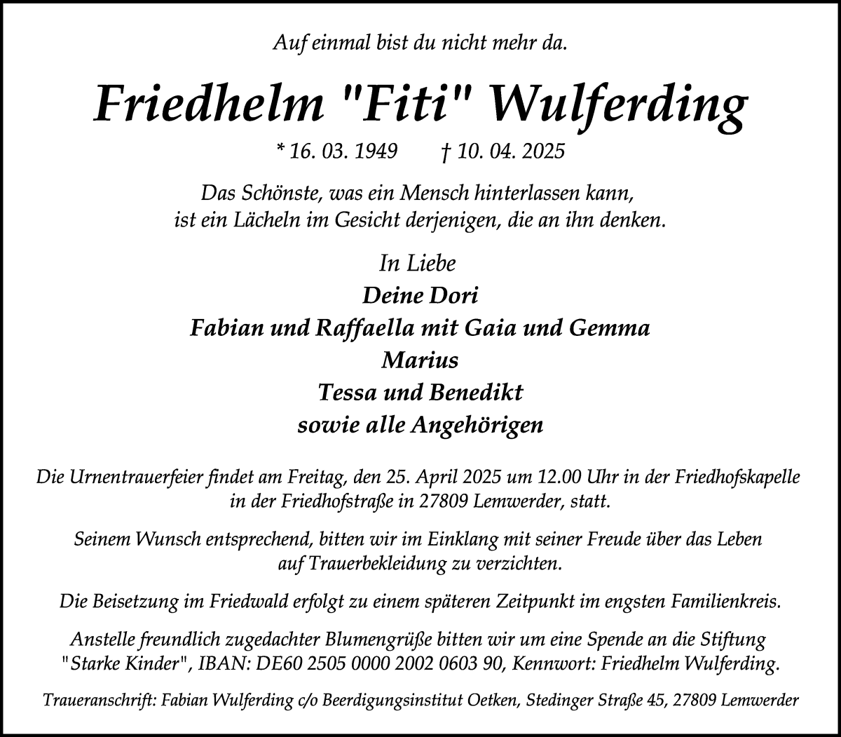 Traueranzeige von Friedhelm Wulferding von WESER-KURIER