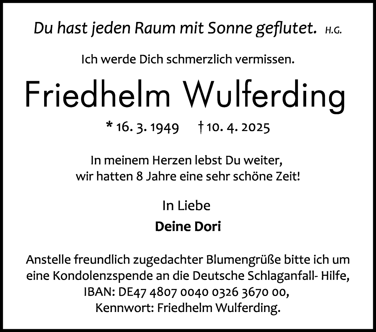 Traueranzeige von Friedhelm Wulferding von Die Norddeutsche