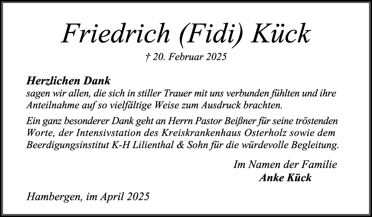 Traueranzeige von Friedrich Kück von Osterholzer Kreisblatt