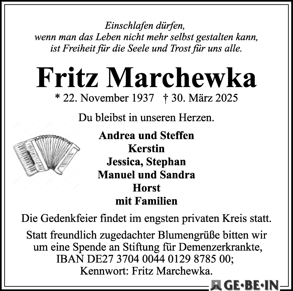 Traueranzeige von Fritz Marchewka von WESER-KURIER