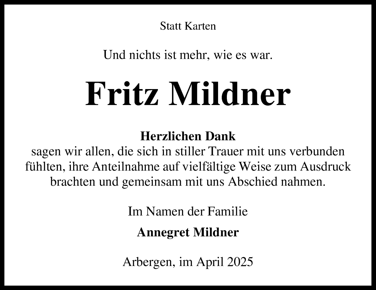 Traueranzeige von Fritz Mildner von WESER-KURIER