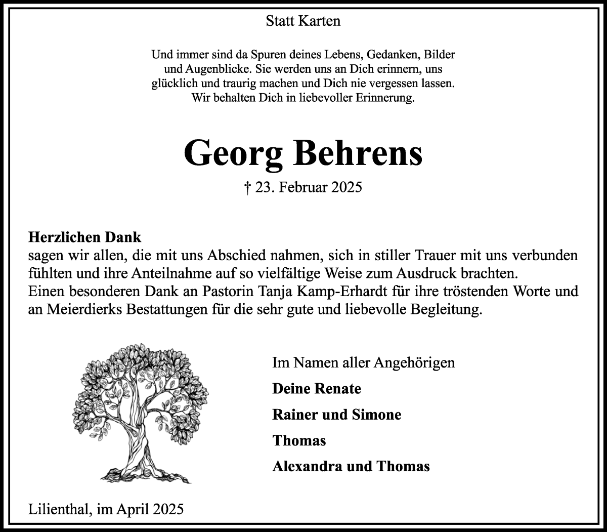 Traueranzeige von Georg Behrens von Wuemme Zeitung