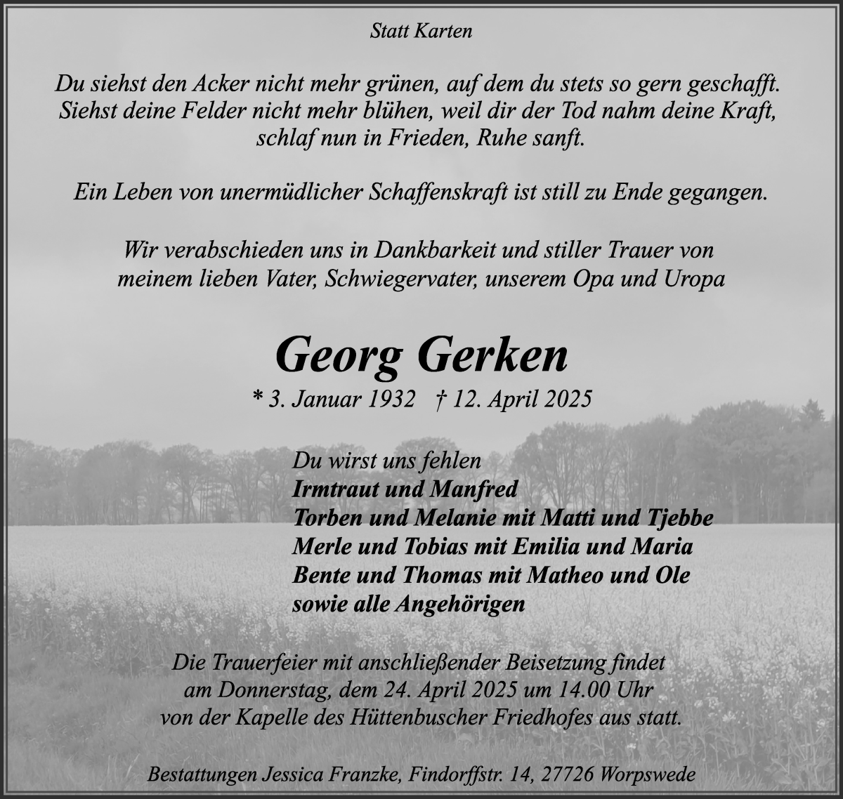 Traueranzeige von Georg Gerken von Wuemme Zeitung