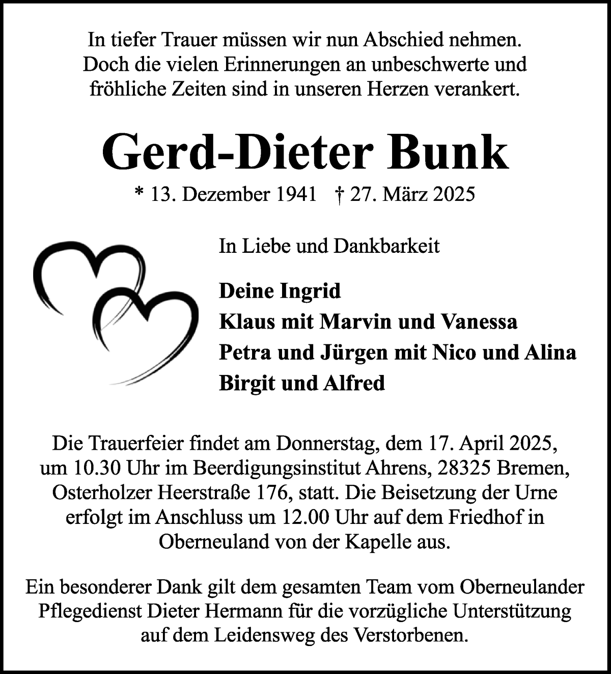 Traueranzeige von Gerd-Dieter Bunk von WESER-KURIER