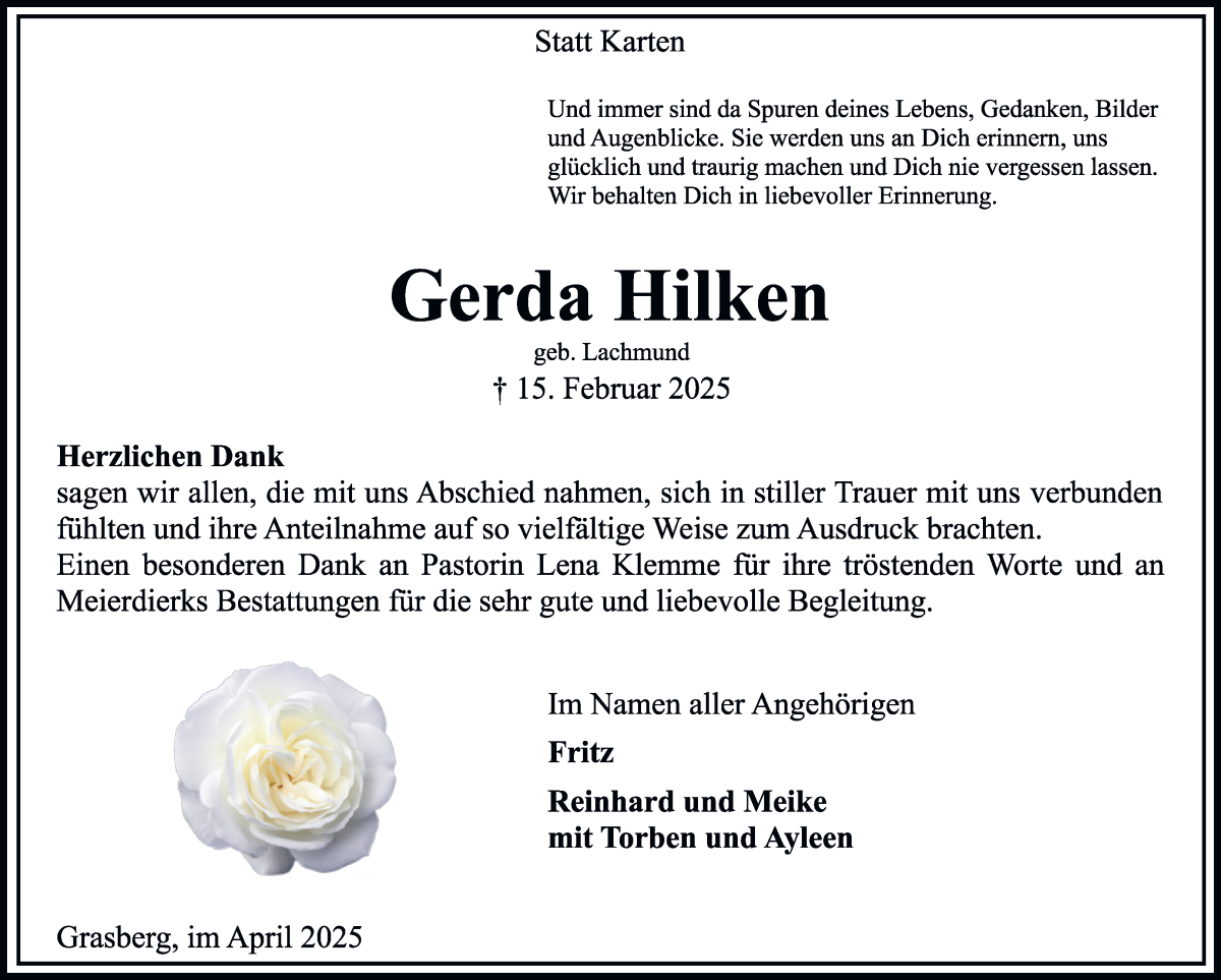 Traueranzeige von Gerda Hilken von Wuemme Zeitung